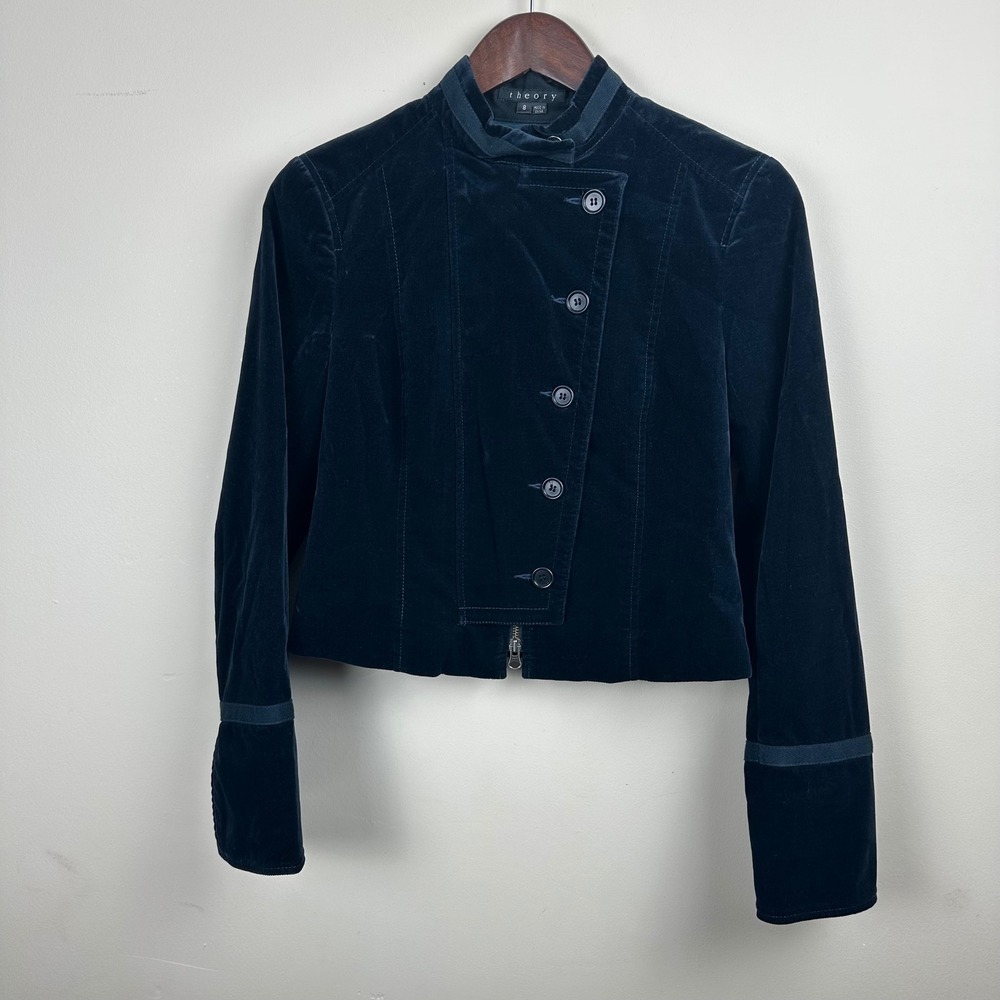 Theory Women's Size 8 Navy Blue Velvet Military Jacket Cropped Button Zip